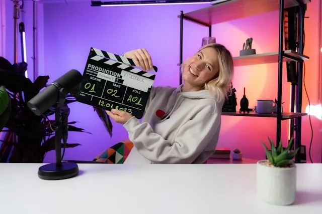 Créatrice UGC freelance en tournage avec clap de cinéma